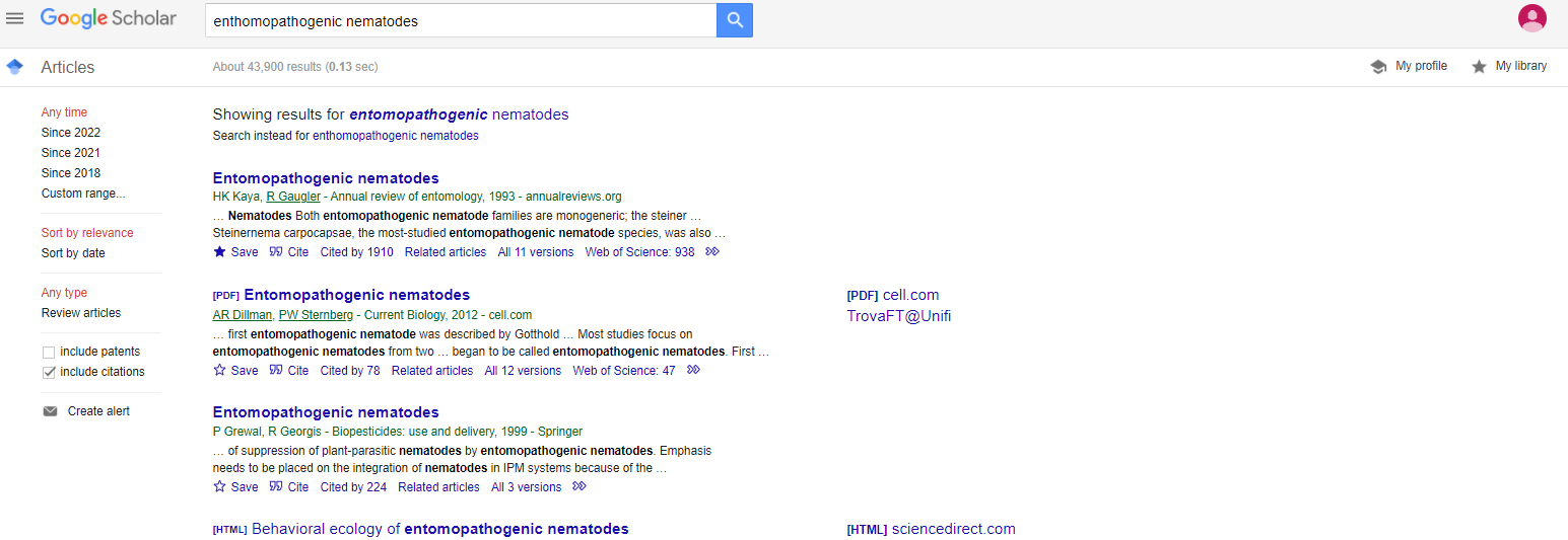 list of results for a generic query on nematodes